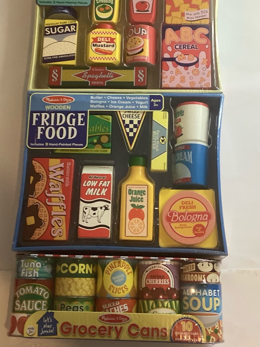 New Melissa & Doug Wooden Lot Of 3 Pantry Products, Fridge Food & Grocery Cans